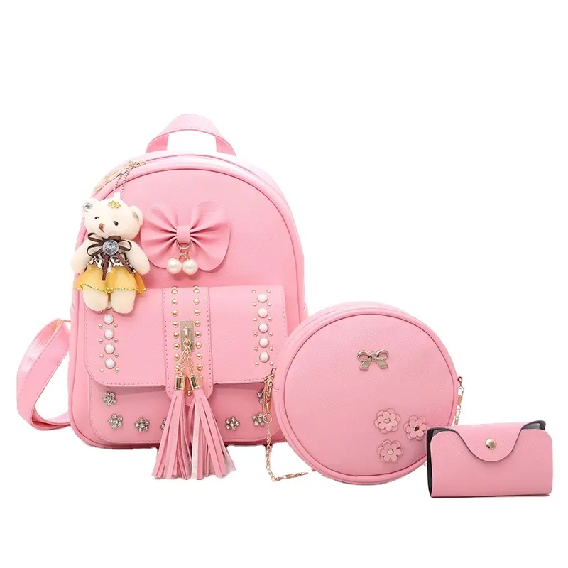 Fashion korean style 3pcs set tassel PU leather backpack school bag set with plush toy
