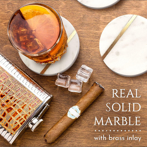 <strong>4</strong>&quot; Wide Modern Round Table Coasters with Gold Brass <strong>Inlay</strong>, Set of 6pcs Coasters Made From Real Solid Marble with Cork Backside - Product Image 5