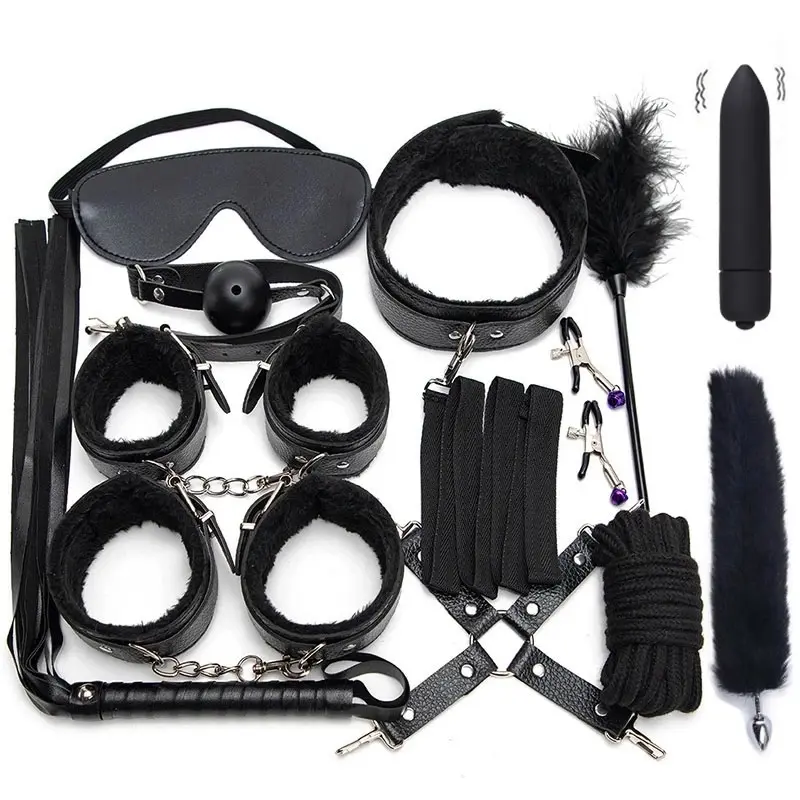 Sexy Leder BDSM Kits Plüsch Sex Bondage Set Handschellen Sex spiele Peitsche Knebel Nippel klemmen Sexspielzeug Für Paare Exotisches Zubehör