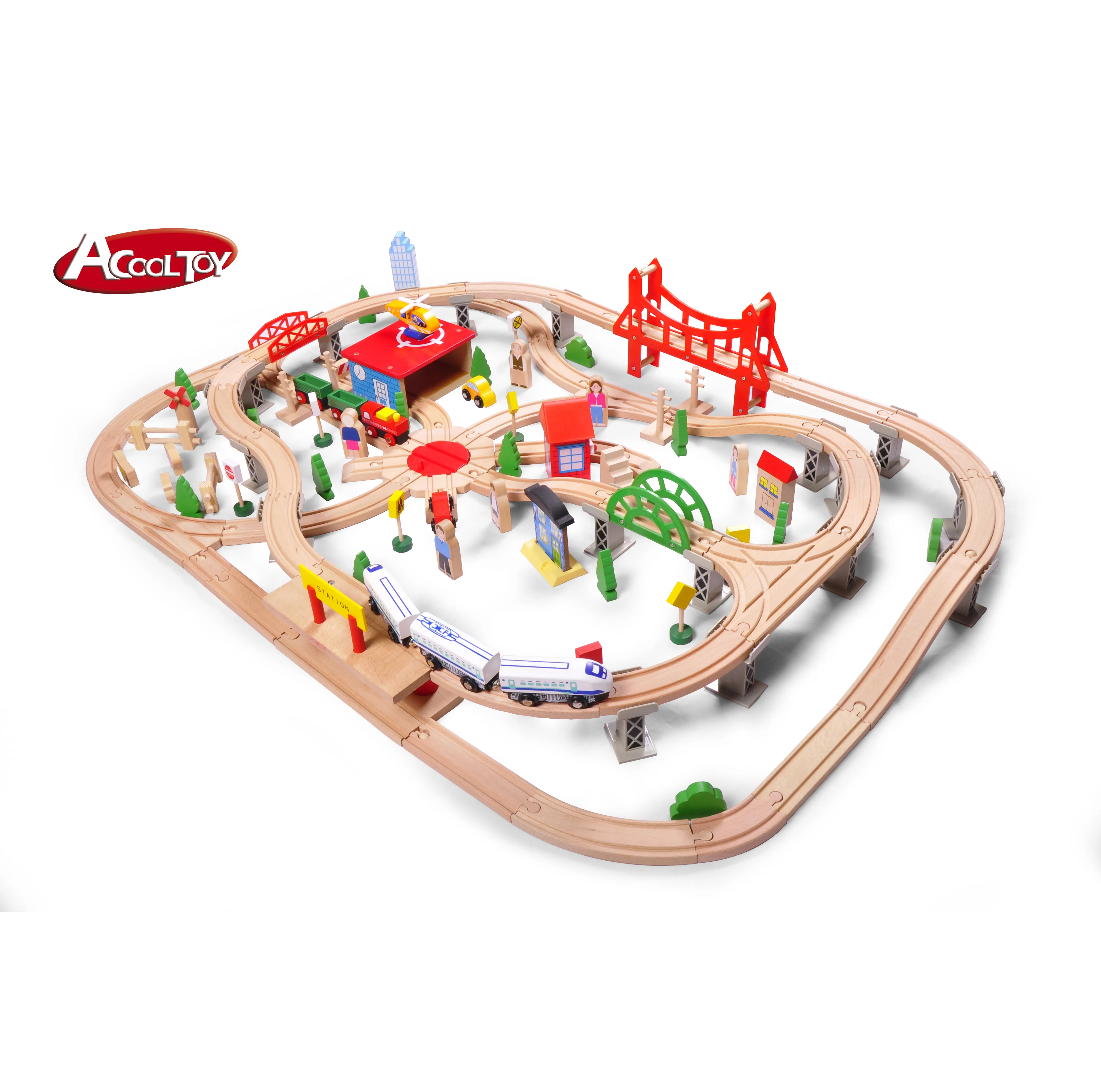 130pcs DELUXE Wooden Trains Track Toys Electric Train Set Slot Toy