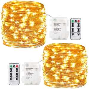 Cadena de luces con batería 33Ft 100 LED blanco cálido al aire libre luces de hadas con temporizador regulable remoto 8 modos