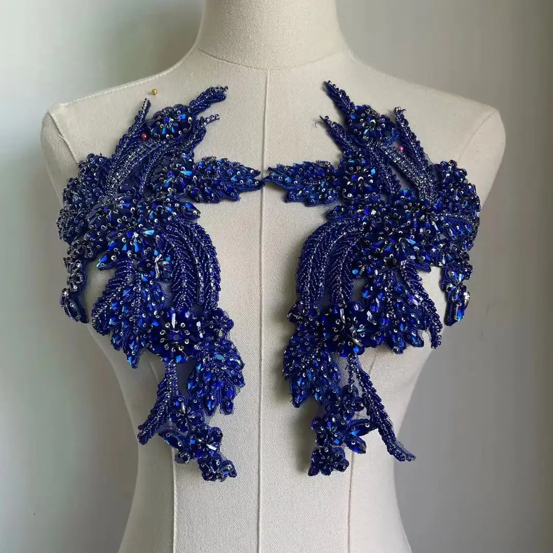 Aplique de diamantes de imitación Azul Real, corpiño de novia con cuentas, motivo floral, apliques de encaje