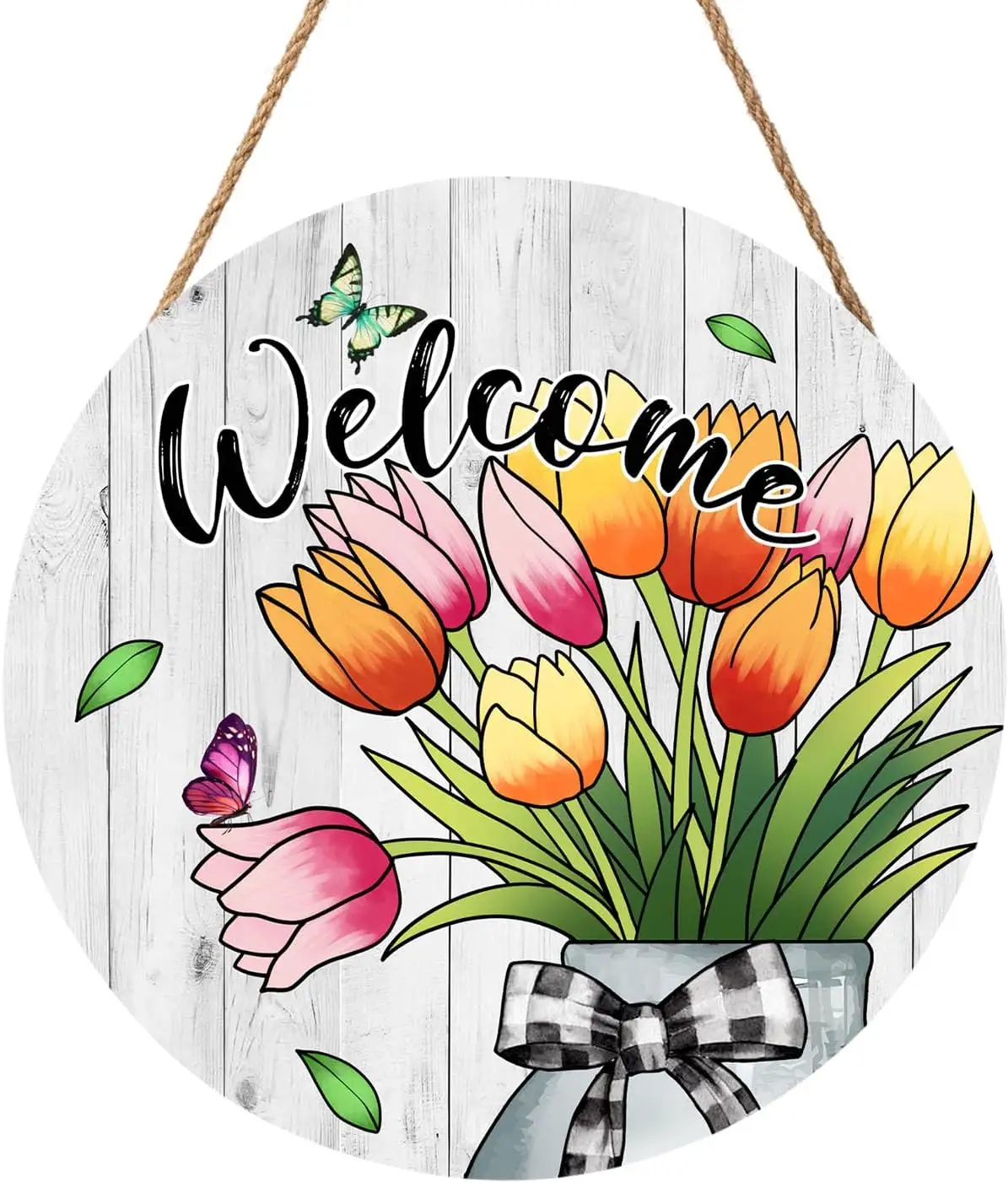 Printemps Été Tulipe Fleurs Bienvenue Pour En Bois Rond Suspendu Signe Porte D'entrée Décor Papillon Mason Jar Printemps Décoration