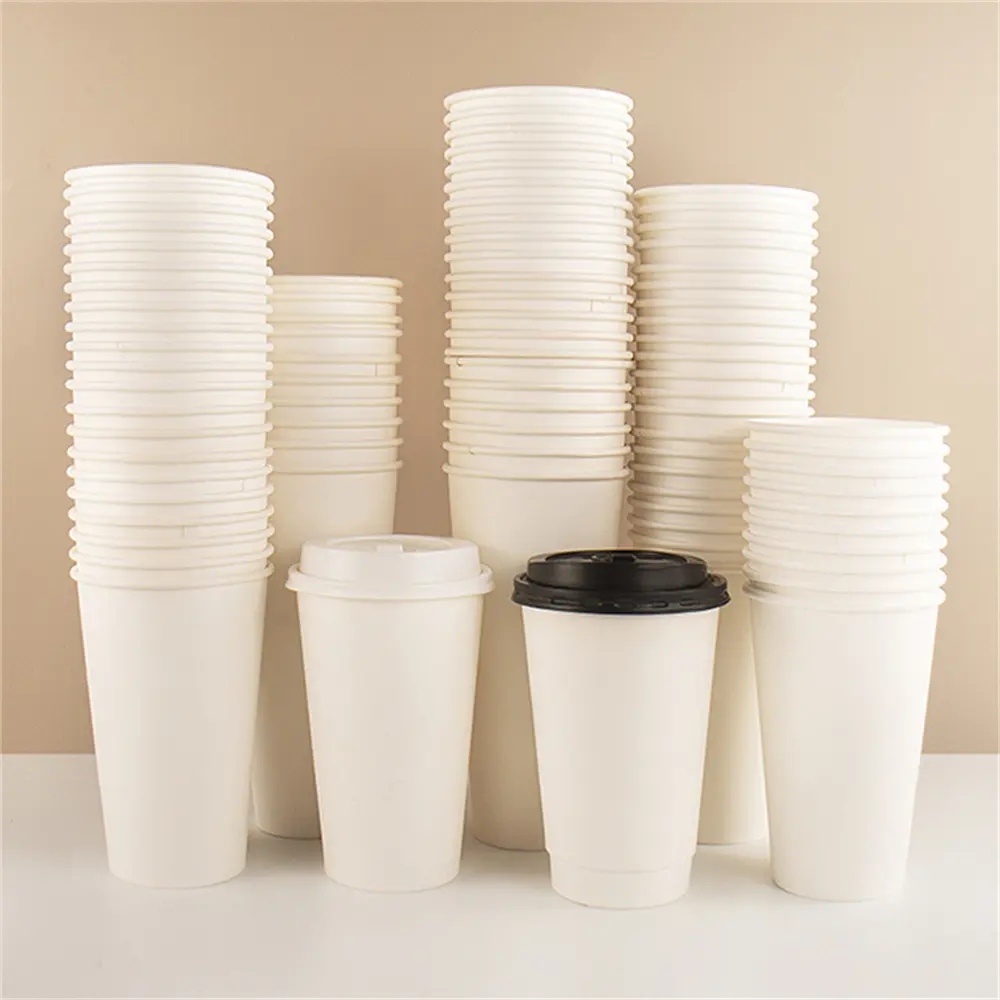 8oz 12oz 16oz Atacado Single Double Wall Copos de papel descartáveis Custom Logo Printing Biodegradável Pla Coffee Cup Com tampas