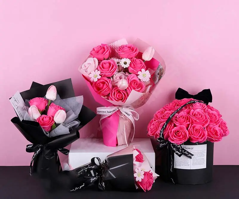 San valentino regali per la festa della mamma sapone rosa rosa tema colore nero Bouquet di fiori in scatola sapone artificiale Bouquet di fiori