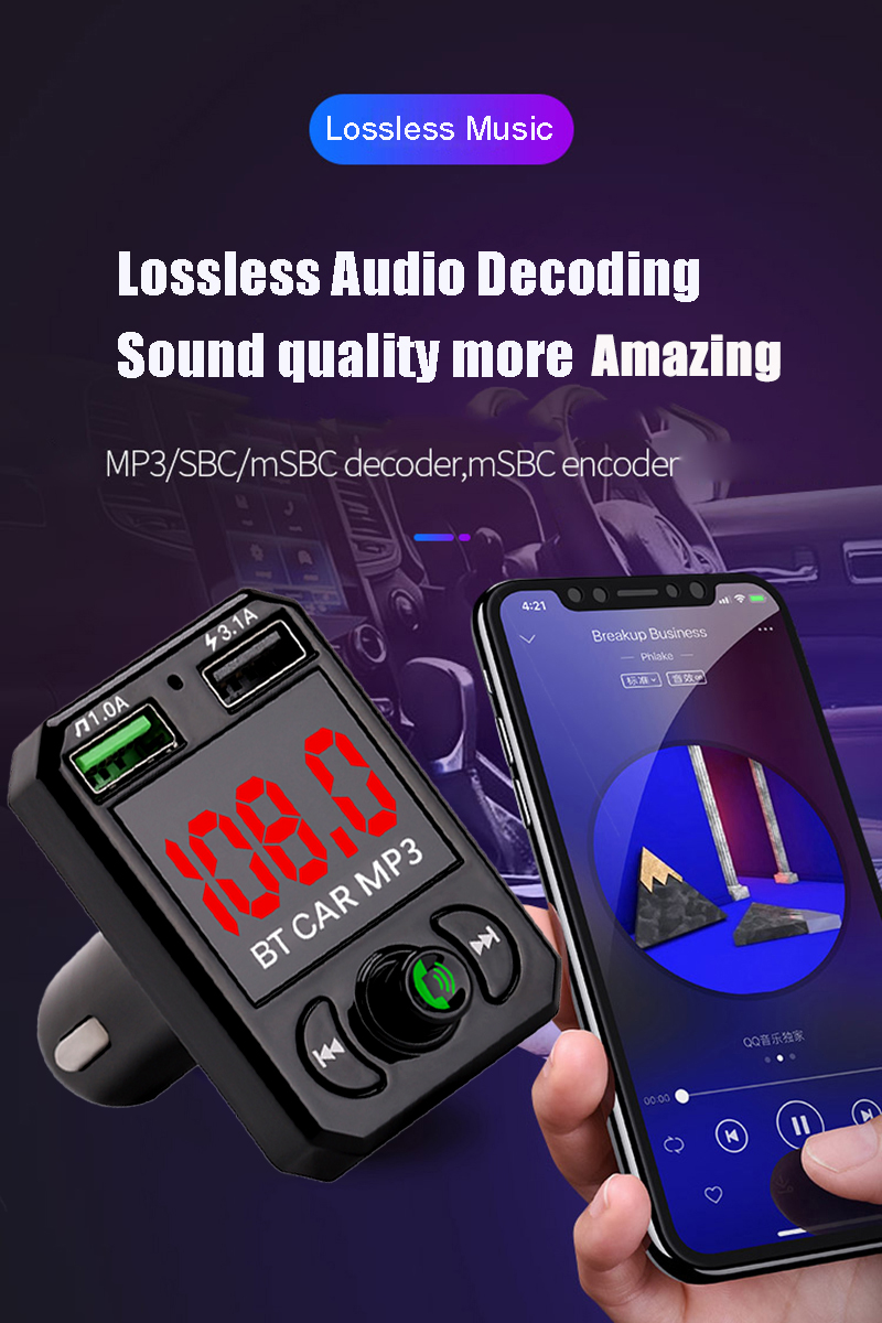 EONLINE In-auto Wireless FM Transmitter Large Screen LED display 3.1A Fast Charging TF U Disk Car Mp3 Player Handsfree Kit