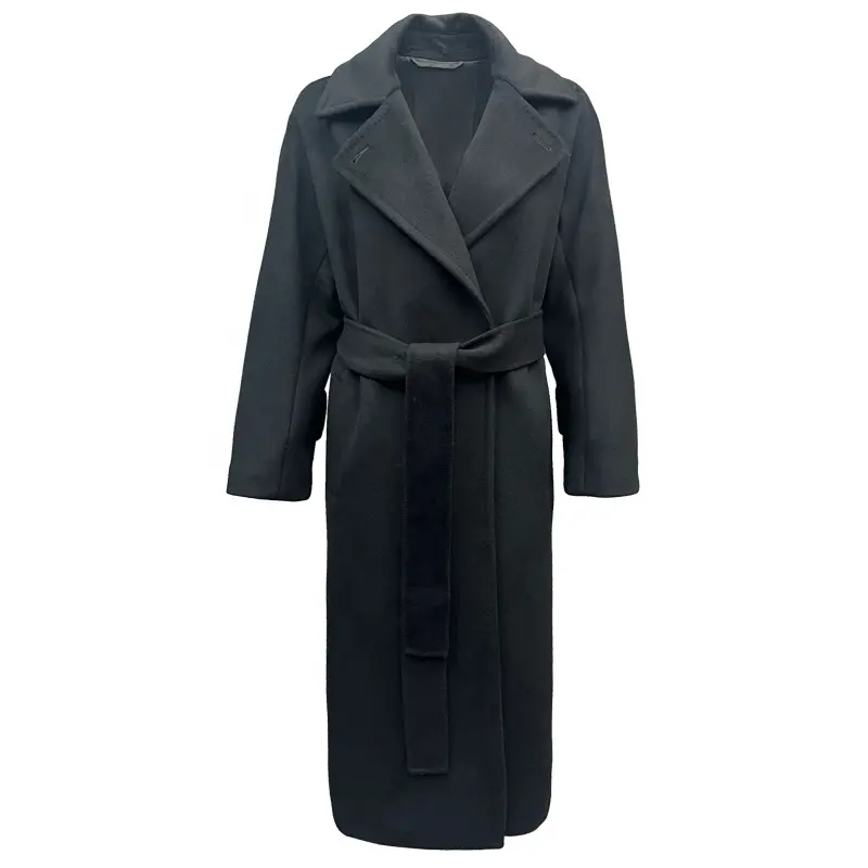 Custom Black Long Double Faced Woolen Coats Genuine Cashmere Wool Trench Coat with Belt