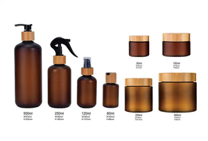 Bambu kozmetik paketi takım 8oz <span class=keywords><strong>250g</strong></span> plastik vücut tereyağı kavanoz 250ml Amber buzlu plastik dağıtıcı şampuan şişesi