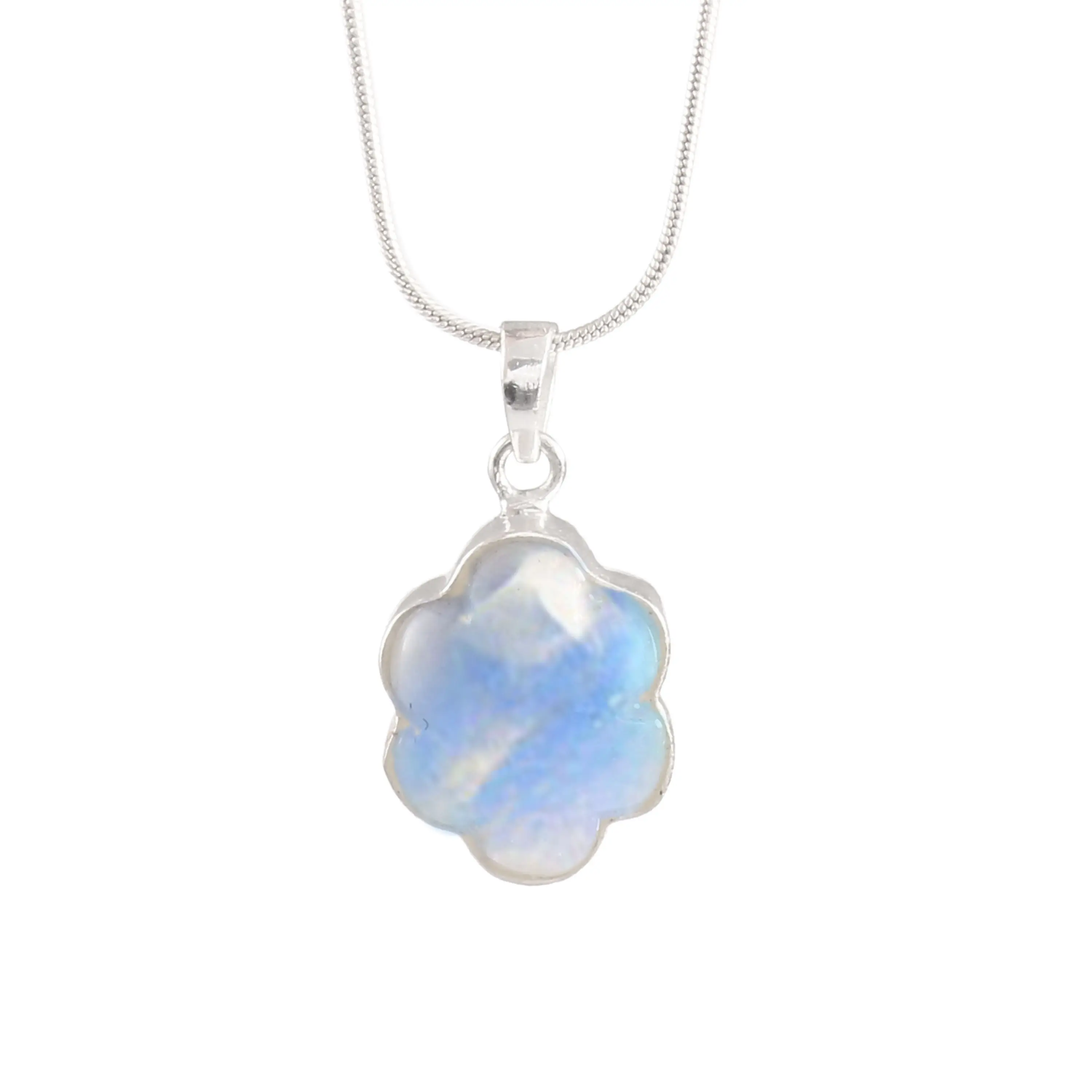 Di alta qualità 925 in argento Sterling fatto a mano con pietre preziose arcobaleno pietra di luna blu fuoco forma fantasia collana ciondolo a catena ciondolo in argento