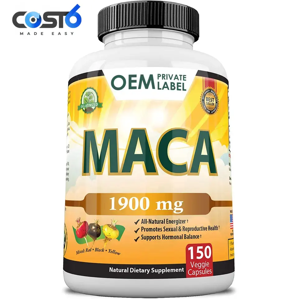 Las cápsulas de raíz de MACA bajo la etiqueta de energía privada son proporcionadas por cápsulas de Maca con hierba de cabra en celo RAÍZ DE Maca negra 1900 MG vegana.