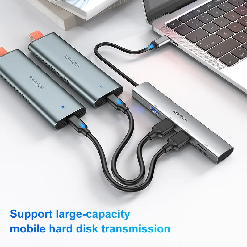 Transferencia DE DATOS HUB DE ALUMINIO RSHTECH 5 en 1 USB C Hub SD TF lector 5 puertos Usb Huds tipo C Hub estación de acoplamiento para Pc portátil