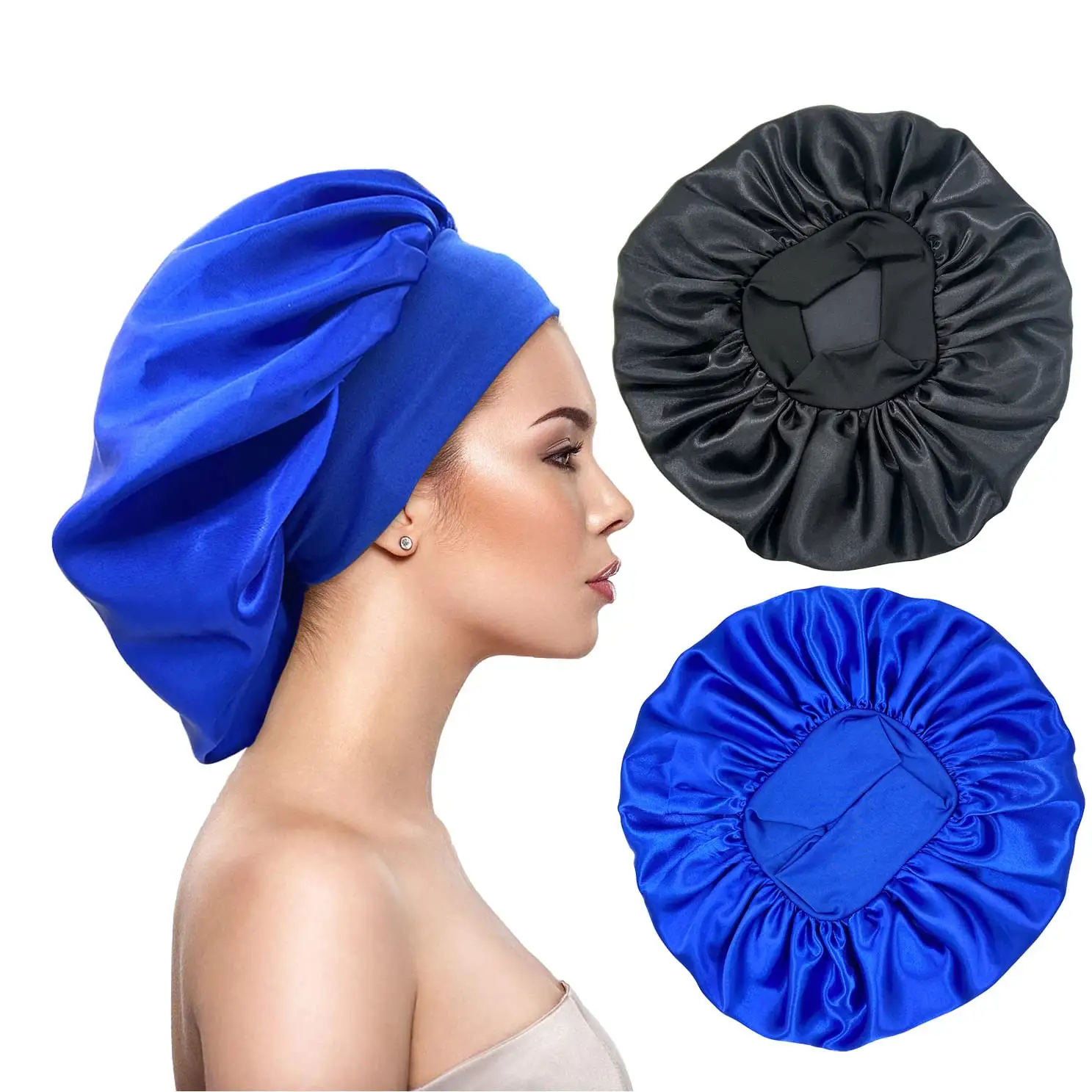 Bonnet de sommeil réglable de cheveux de satin de grands chapeaux de sommeil de quantité minimale de commande bas avec le large bord