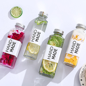 Ucuz cam içecek şişeleri kare yuvarlak 350ml 500ml kapasiteli özelleştirilebilir 250ml cam içecek şişeleri toptan - Product Image 1