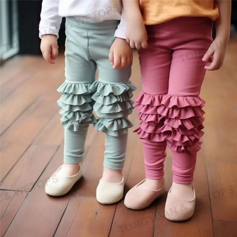 Pantalon Long classique pour enfant, couleur unie, printemps, legging à volants glacés pour bébé fille