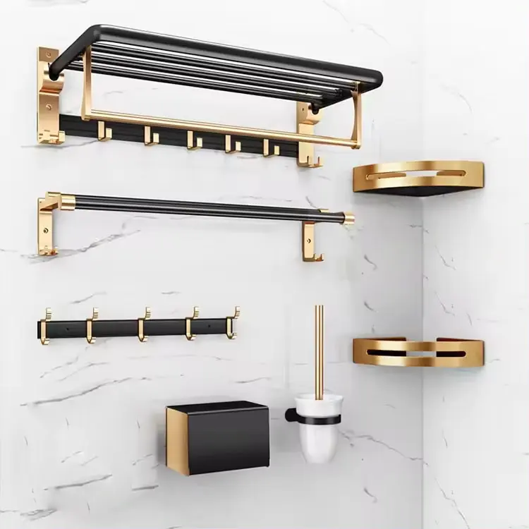 Custom banheiro pia armazenamento prateleiras com barra de toalha ajustável aço inoxidável black gold shower caddy prateleira 5 conjuntos montagem na parede