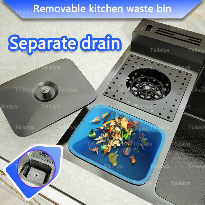 Luxury Black Multifunctional Kitchen Stainless Steel Sink Set with Smart LED Waterfall Tap and Garbage Storage for Hotel Kitchen