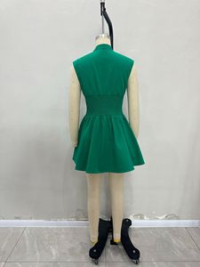 女の子用ミニグリーンドレスカスタマイズジッパープラケット弾性ウエストノースリーブvネック服女性服卸売