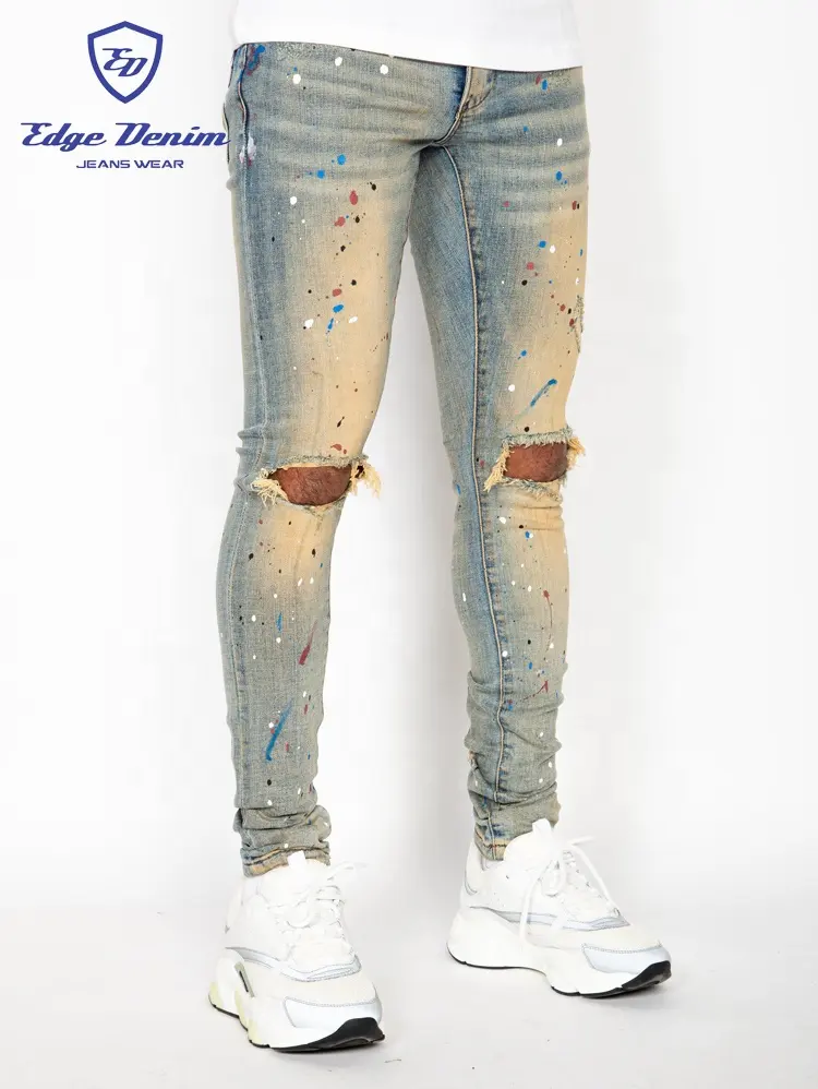 Edge Denim-pantalones vaqueros ajustados personalizados, Jeans desgastados Estilo Vintage occidental con salpicaduras de pintura azul, de fábrica China