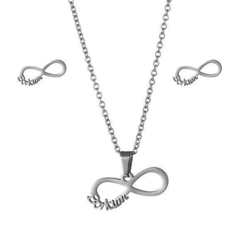 Conjunto de pendientes y collar Infinity de acero inoxidable, colgante de 8 personajes, cadena de clavícula, color plata mexicana