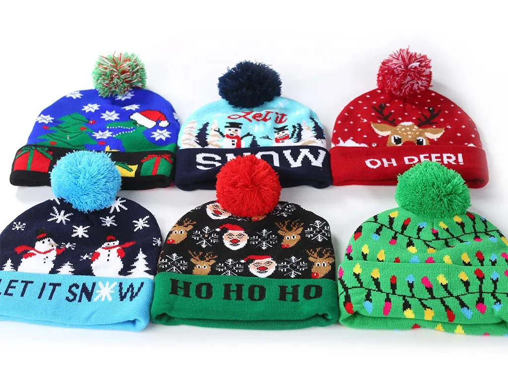 Wholesale Price New Winter Festival Xmas Party Pompom Led Hats Kids Led Light-up Caps Women Led Christmas Knitted Beanies Hat