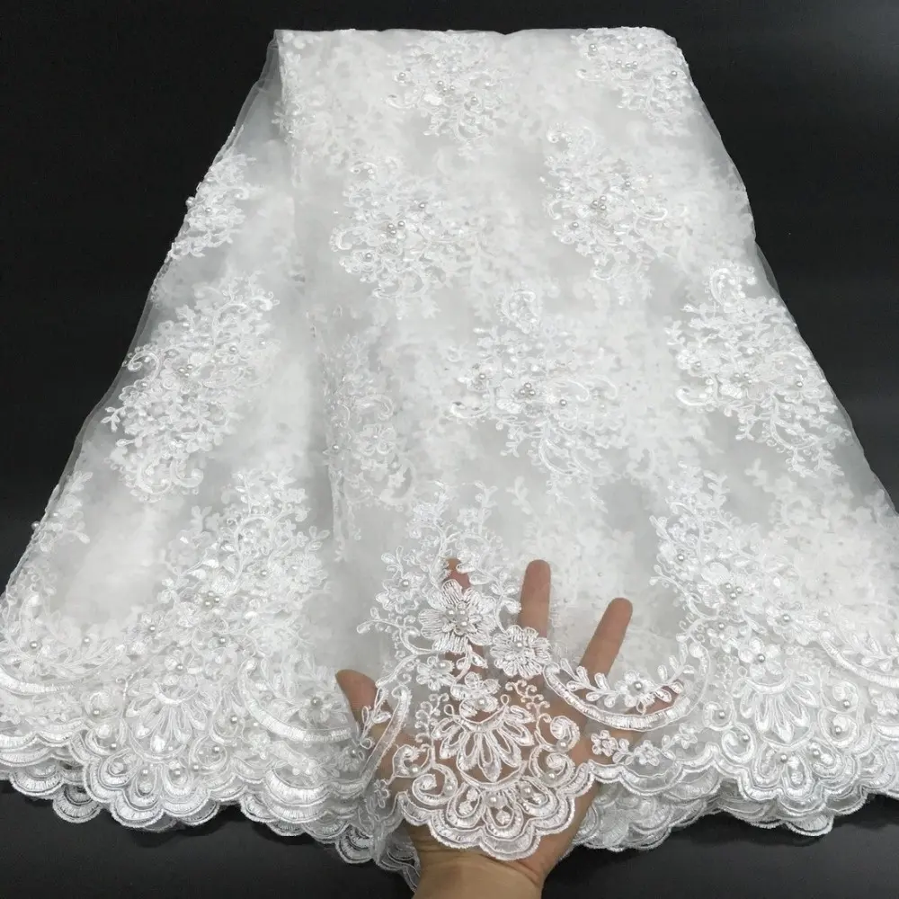 Handmade Trắng Wedding ren vải 3D đính cườm thêu bởi yards lt20730