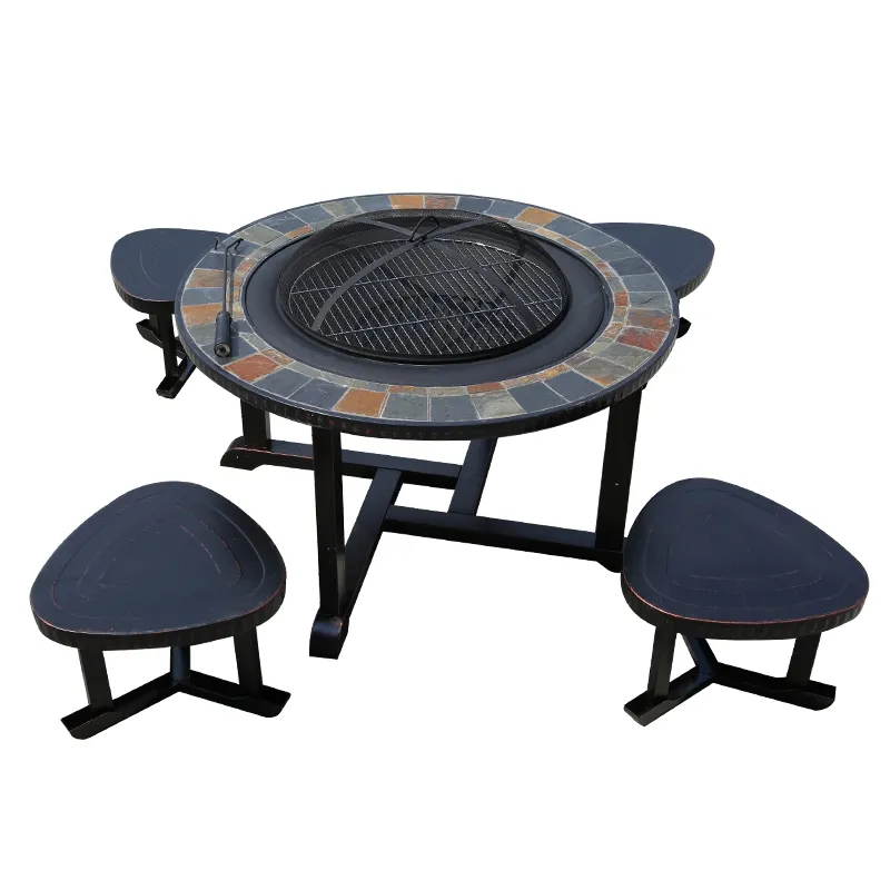 Sillas de mesa de fogata de acero para patio de jardín al aire libre con vidrio cuadrado propano Gas quema barbacoa brasero fogata chimenea al aire libre