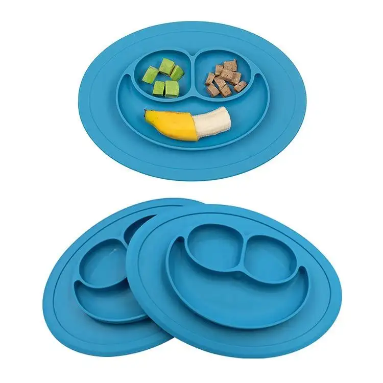 Placa de cara sonriente redonda con ventosa de una pieza apta para lavavajillas, placa de alimentación para bebé, platos divididos de silicona para niños pequeños