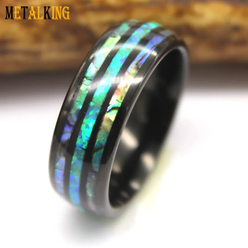 8mm Nero Carburo di Tungsteno Anello con Opale Verde e Abalone Shell Inlay Comfort Fit