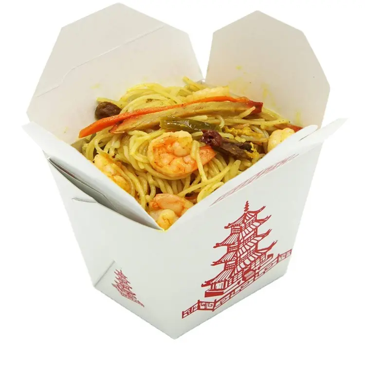 Embalaje de arroz kraft desechable, caja de papel de embalaje de comida china para llevar fideos con mango, personalizado, 16oz, 26oz, 32oz
