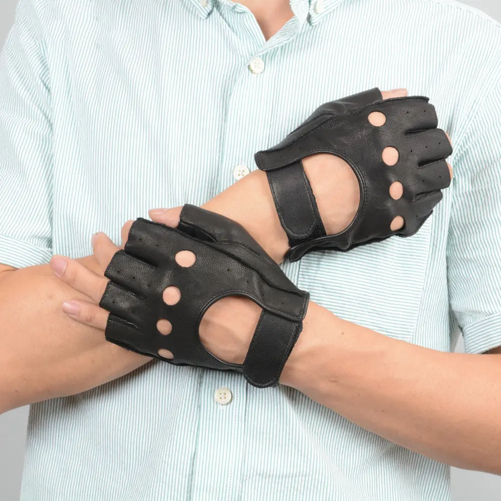 Luvas de couro legítimo unissex, luvas sem dedos pretas respiráveis para uso ao ar livre, masculina e feminina
