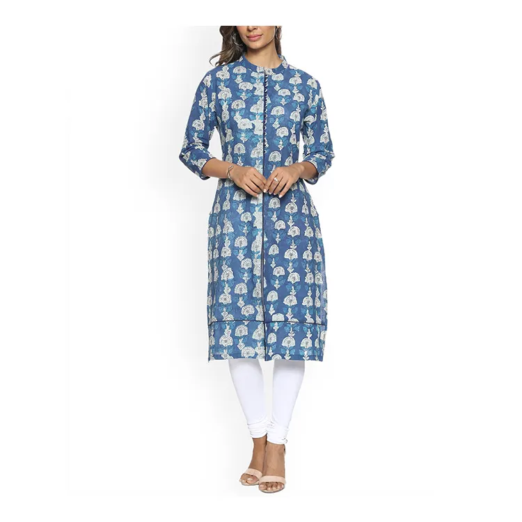 निर्माता महिलाओं ब्लू मुद्रित सीधे पारंपरिक सुंदर लघु कुर्ता डिजाइन महिलाओं पंजाबी में लड़कियों के लिए सूट