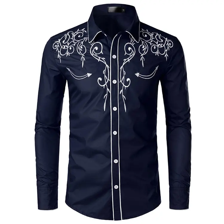 最高品質のメンズウエスタンシャツ長袖スリムフィット刺繍カウボーイカジュアルボタンダウンメキシカンシャツ