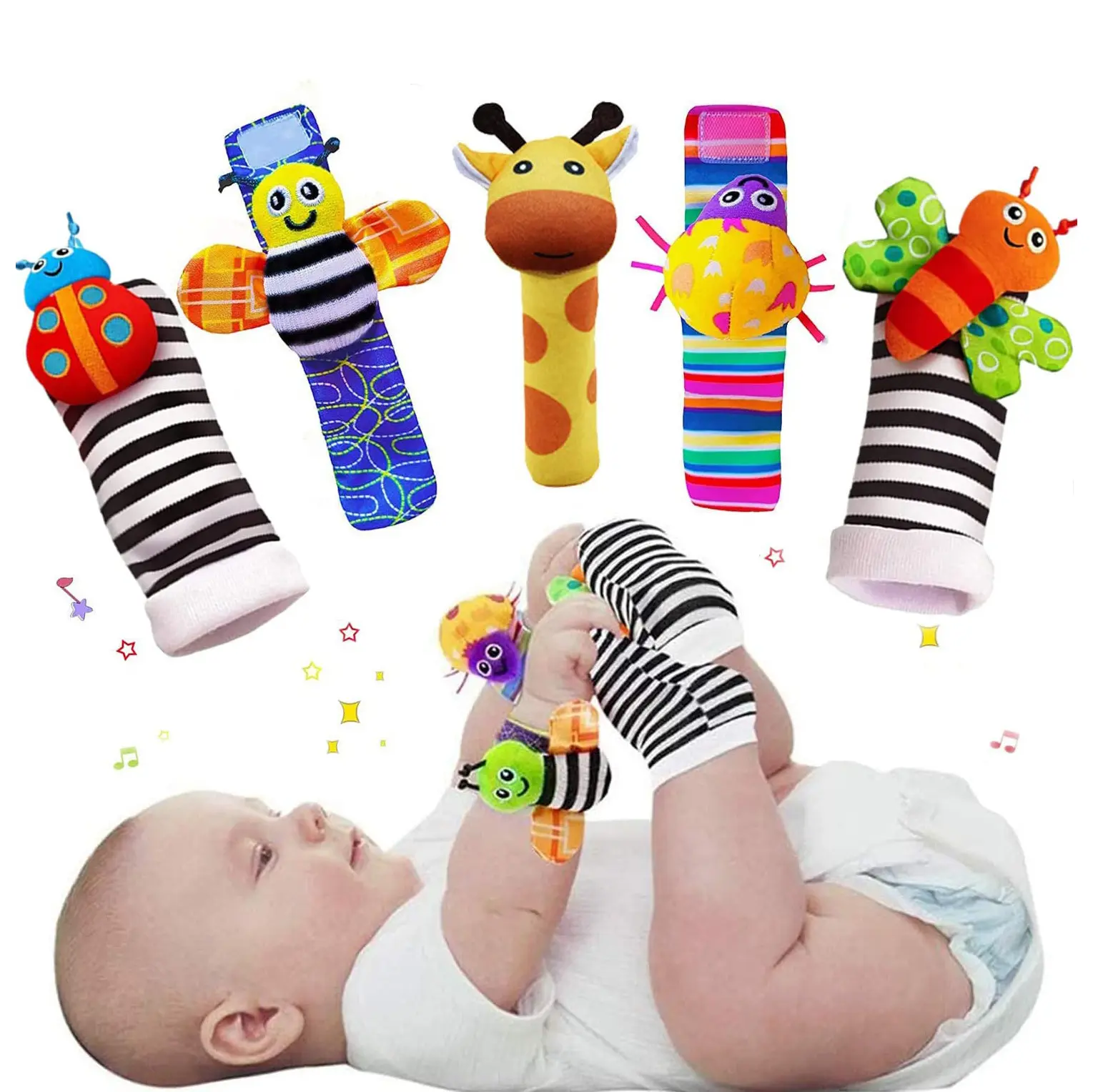 Atacado Recém-nascido Presente Infantil Bebê Early Educacional Soft Plush Stuffed Animals Sensorial Babi Pulso Foot Finder Chocalho Meias Brinquedos