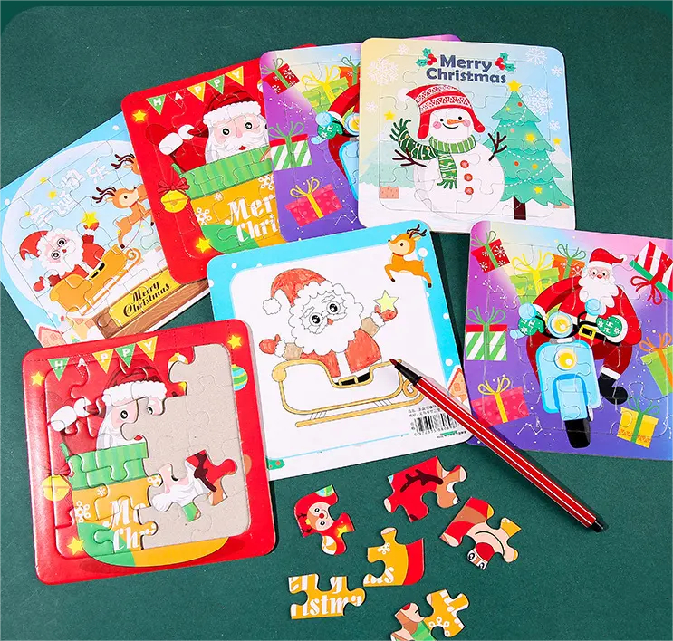 Juego de rompecabezas de dibujos animados de papel de regalo de Navidad, rompecabezas frontal de doble propósito, dibujo inverso para niños y niñas