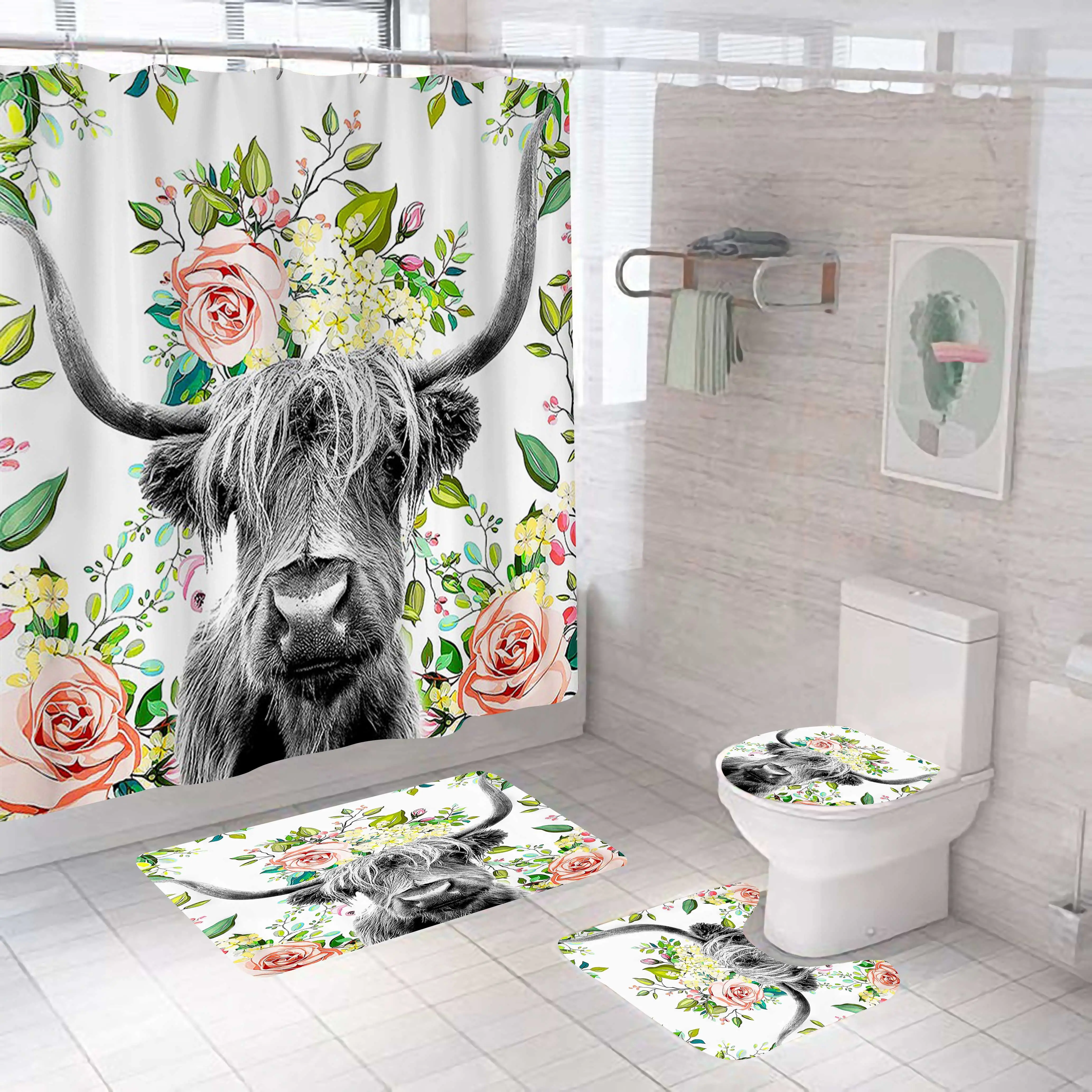 Bester Preis Wasserdichter 3D-Druck 100 Polyester Flower Cow Printing Badezimmer Dusch vorhang 4 Stück Set