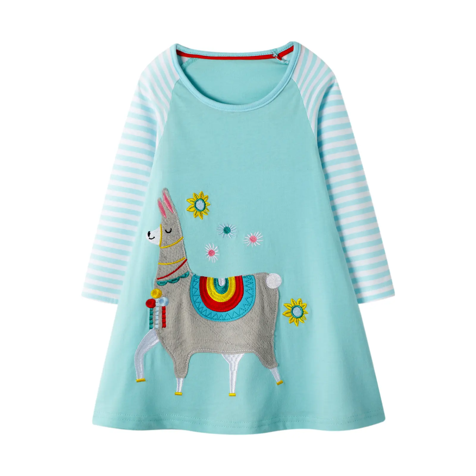 hot sale casual style toddler girls color blocking horse pattern mid length long sleeve embroidery girls kids dresses