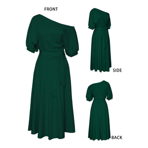 Kadın zarif kapalı omuz kısa kollu kuşaklı yan yarık kokteyl parti askı elbise cepler ile - Product Image 4