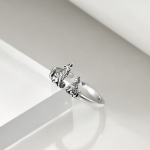 Retro Animal Two <strong>Wolf</strong> 925 Sterling Silver Open Ring for Women Men - Product Image 3