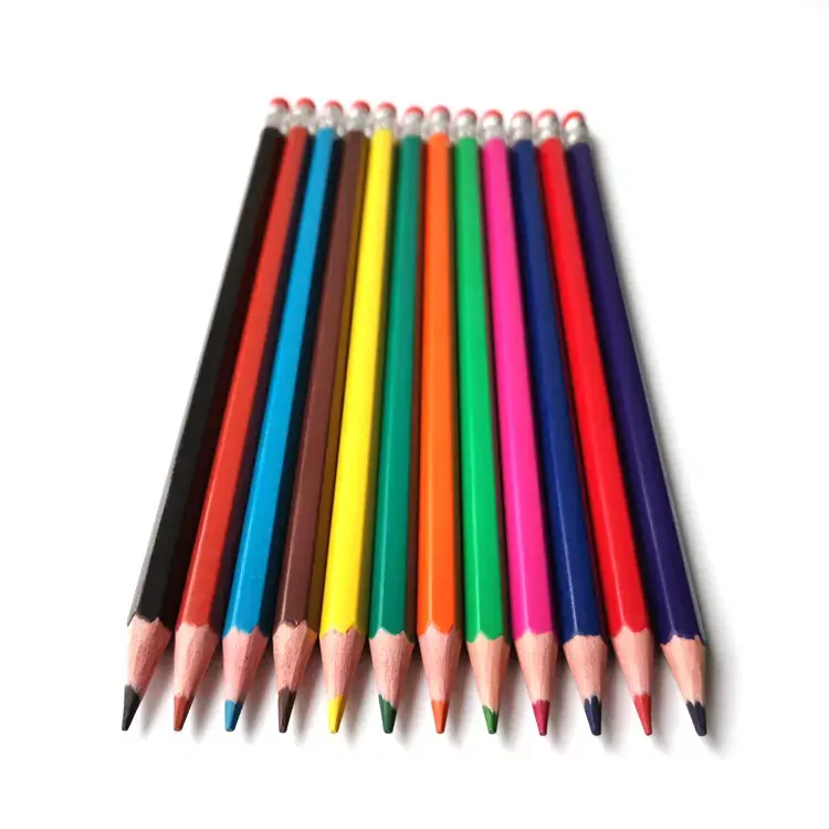 Lápis de cor Hexagonal de plástico barato personalizado com borracha 12pcs