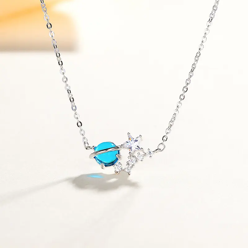 S925 accessori in argento sterling creativo ciondolo moda collana pianeta universo blu