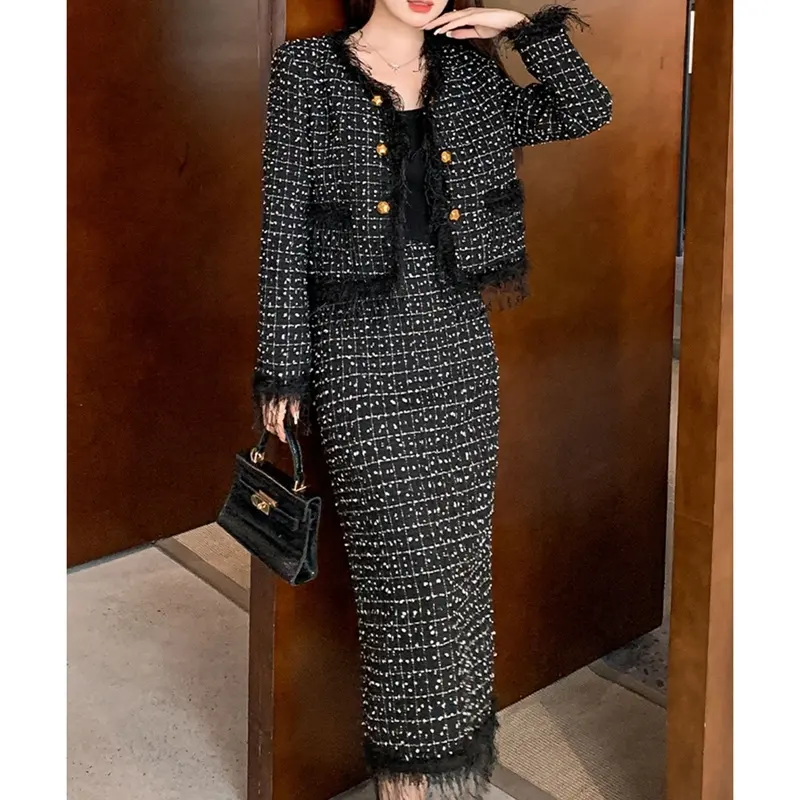 Tweed women's Autumn French Design Sense Small Fragrance New Tassel Short Coat Half Skirt Set for Women