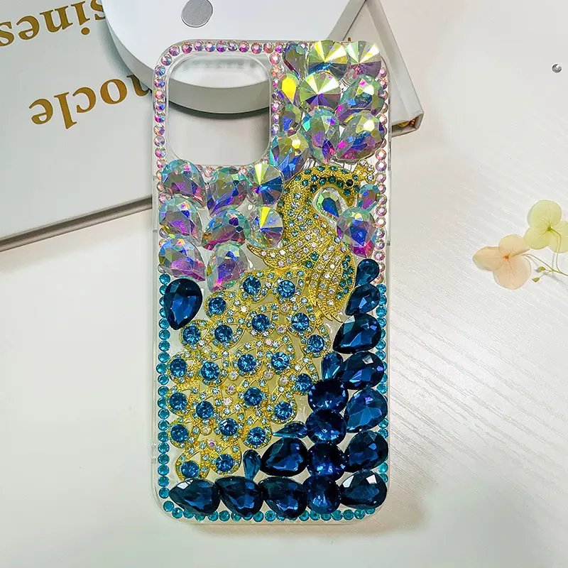 New Peacock DIY kim cương sang trọng điện thoại trường hợp đối với iphone15 cao cấp Gradient bảo vệ trường hợp Đối với Samsung S24 siêu