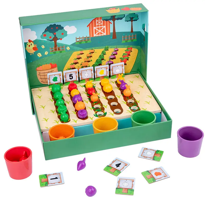Preescolar educativo simulado granja plantación frutas verduras colorido aprendizaje clasificación cognición juguetes de madera
