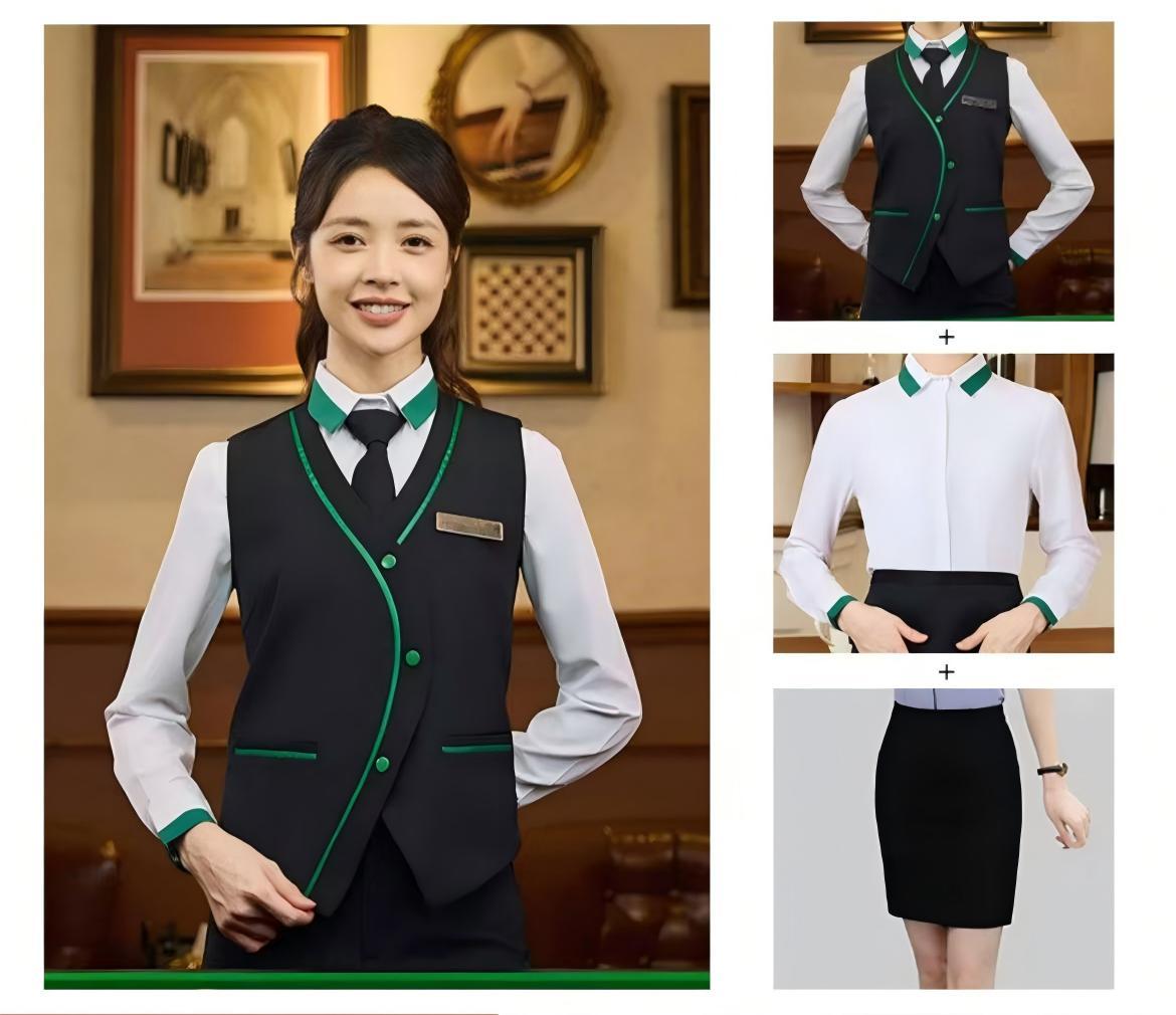 Conjunto de 3 piezas para mujer: camisa blanca + chaleco + falda negra