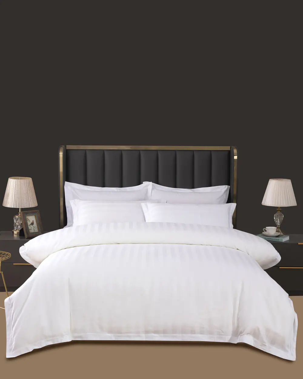 Jogo de cama branca e luxuosa casa listrada 100% algodão, com cortinas combinadas, 4 peças
