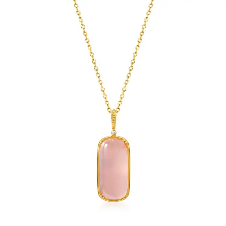 Colgante chapado en oro para mujer, Plata de ley, piedra grande, joyería de piedras naturales, cuarzo rosa