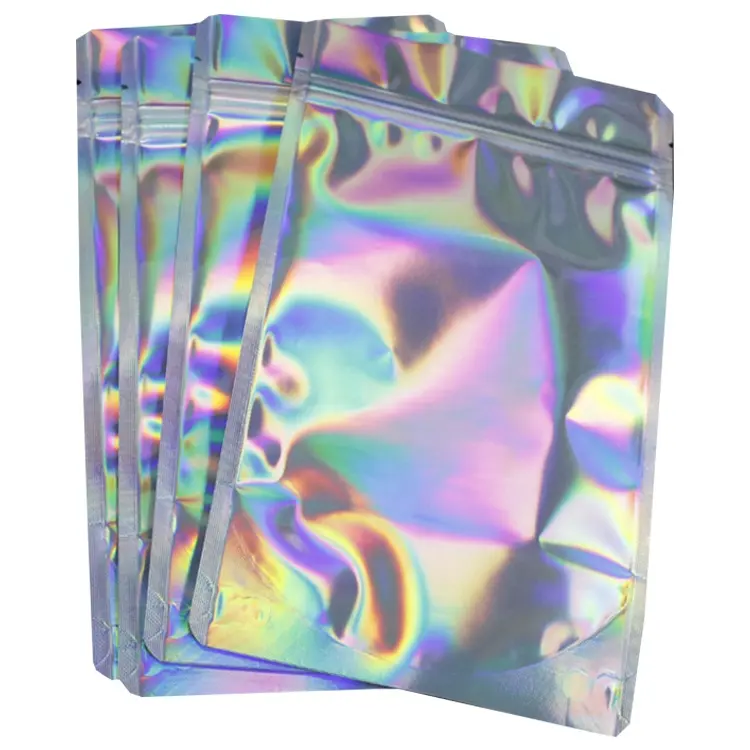 Bedrukte Biologisch Afbreekbare Holografische Zakken Aluminiumfolie Staan Pouch Rits Scheur Inkeping Geur Proof Tas Met Print Voor Voedselverpakking