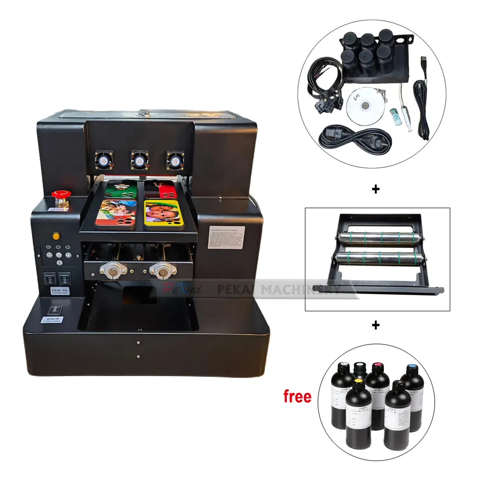 Full Format A4 UV DTF Flatbed Printer with free 3000ml UV ink set for bottle phone case metal printing