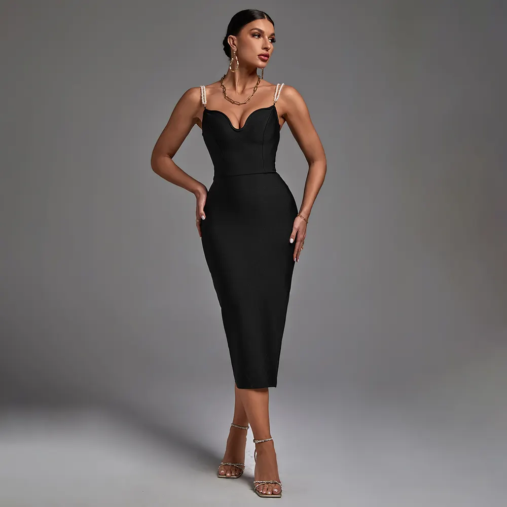 Evening Women Casual Dresses Latest Elegant Pearl Strap Plunge Low cut Black Backless Side Slit Midi Party Dress
