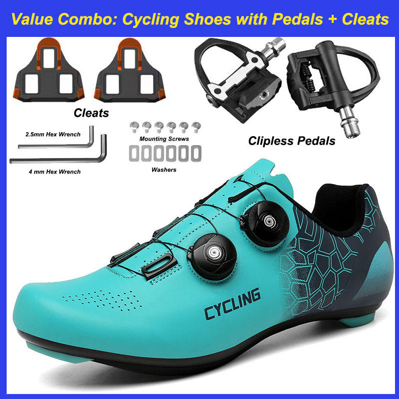 Chaussures de Cyclisme Route Bleues + Pédales Clipless + Crampons